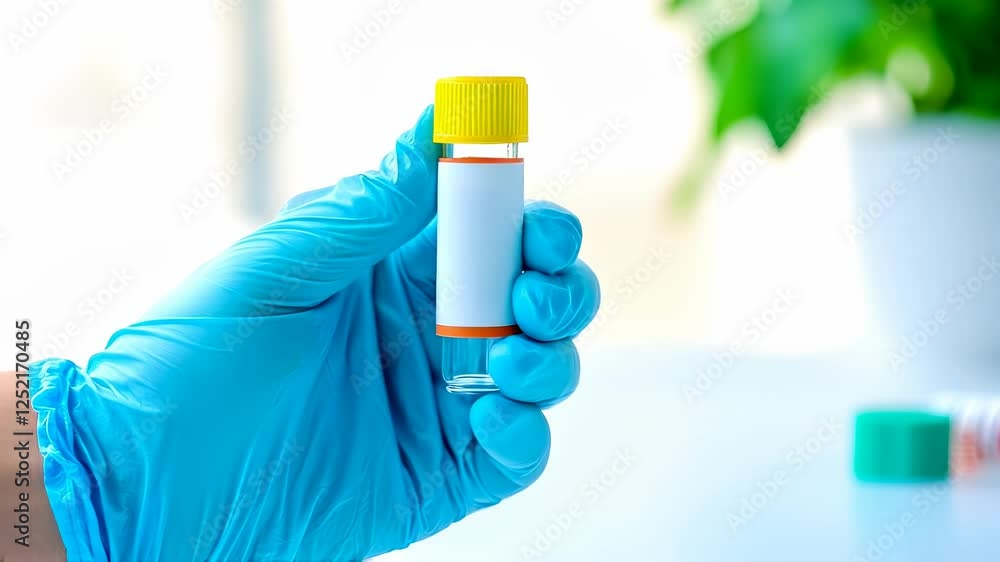 Gloved hand in blue holds vial and test tube, symbolizing healthcare and medical laboratory testing. Gloved hand in blue holds vial and test tube, symbolizing healthcare and medical laboratory testing.