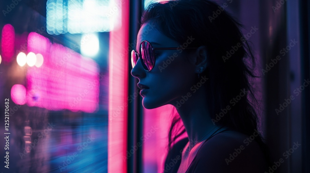 Pensive Woman Gazing in Cyberpunk Neon City, Modern Art Pensive Woman Gazing in Cyberpunk Neon City, Modern Art