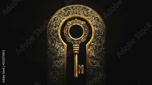 Ornate golden key inside decorated keyhole against a dark background