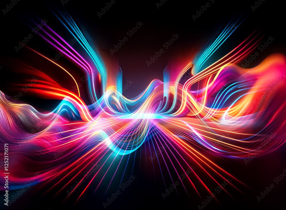Vibrant light waves flow dynamically on a dark background. Colorful streaks of red, orange, pink, blue, and cyan create a modern, energetic abstract design. Vibrant light waves flow dynamically on a dark background. Colorful streaks of red, orange, pink, blue, and cyan create a modern, energetic abstract design.
