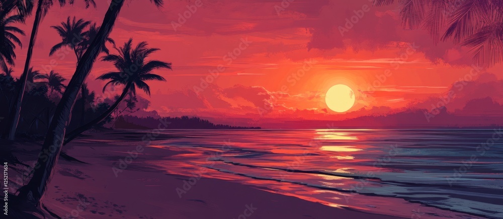 Tranquil Sunset: Beach, Palms, Warm Glow, Artistic Evening Scene Tranquil Sunset: Beach, Palms, Warm Glow, Artistic Evening Scene