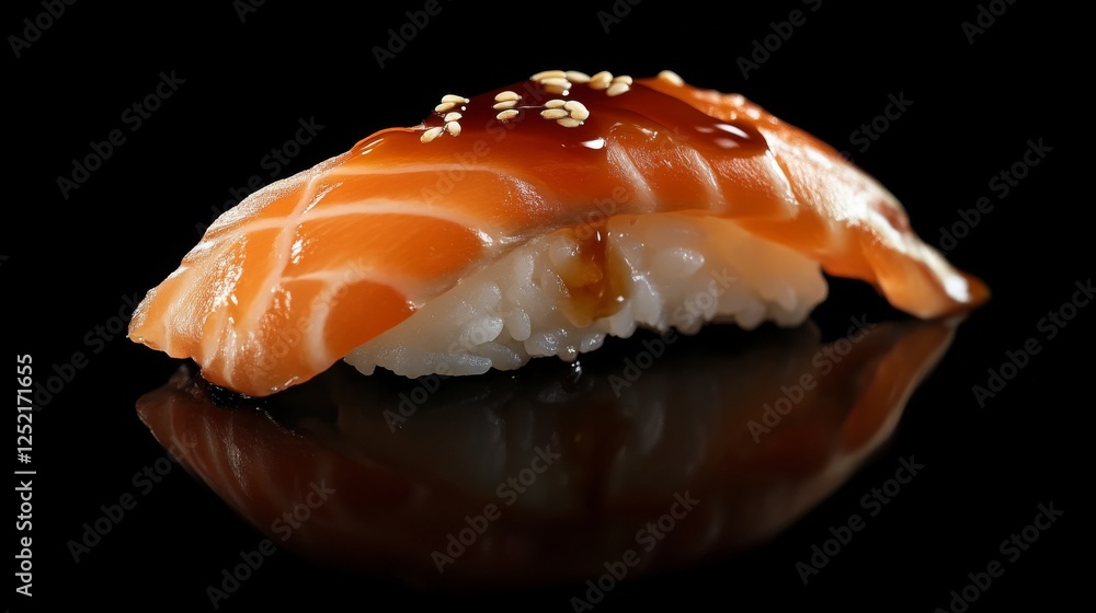 Salmon sushi nigiri with soy glaze on black background. Japanese cuisine and culinary art concept Salmon sushi nigiri with soy glaze on black background. Japanese cuisine and culinary art concept