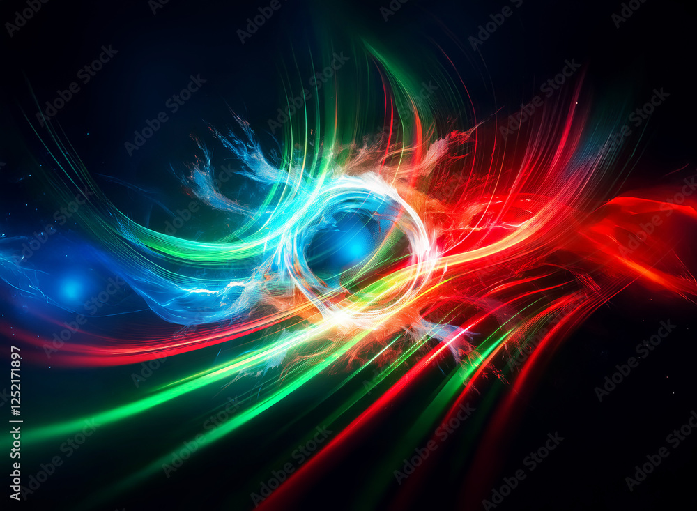 Abstract digital art featuring swirling lines of vibrant blue, red, and green. A bright, glowing center creates a dynamic and energetic composition. Abstract digital art featuring swirling lines of vibrant blue, red, and green. A bright, glowing center creates a dynamic and energetic composition.