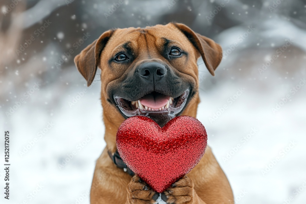 Boerboel - my preferred dog, symbol of friendship. Cute boerboel pooch with sparkling rhinestones red heart on a walk in a winter garden. Commercial companion animal idea. Dog in snow. Boerboel - my preferred dog, symbol of friendship. Cute boerboel pooch with sparkling rhinestones red heart on a walk in a winter garden. Commercial companion animal idea. Dog in snow.