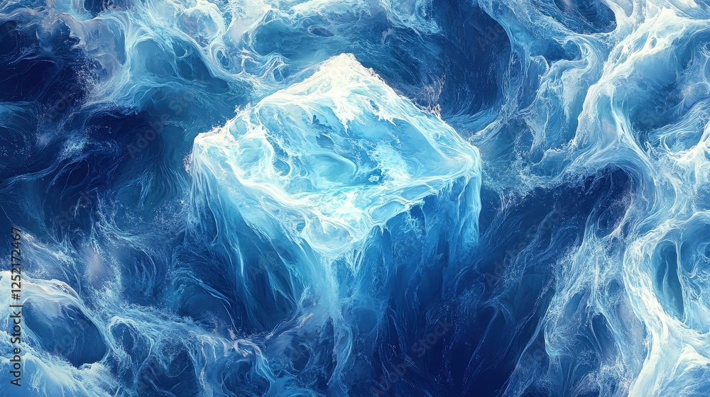 An ice cube floats on a sea of swirling water An ice cube floats on a sea of swirling water