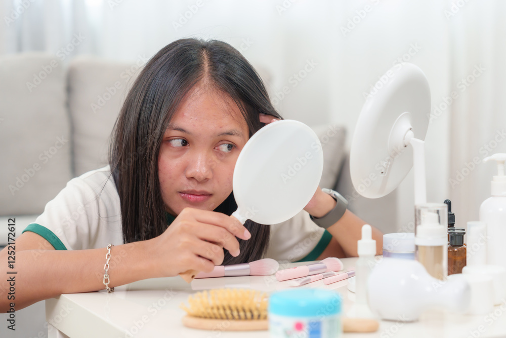 Young Asian woman with long black hair wearing casual white shirt applying makeup while looking into handheld mirror. Various beauty products, brushes, and skincare items placed on white table Young Asian woman with long black hair wearing casual white shirt applying makeup while looking into handheld mirror. Various beauty products, brushes, and skincare items placed on white table