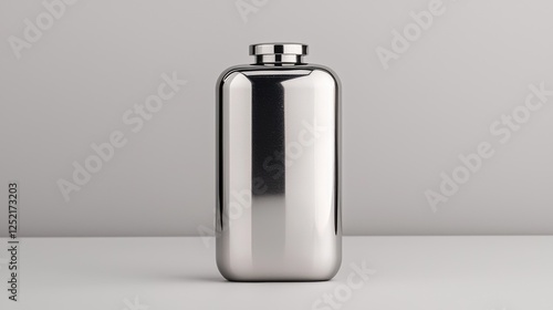 Sleek silver flask on white surface, minimalist background, product shot