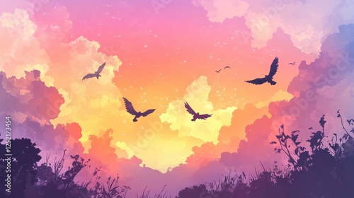Wallpaper Mural Birds fly across a vibrant pink and yellow sunset sky Torontodigital.ca
