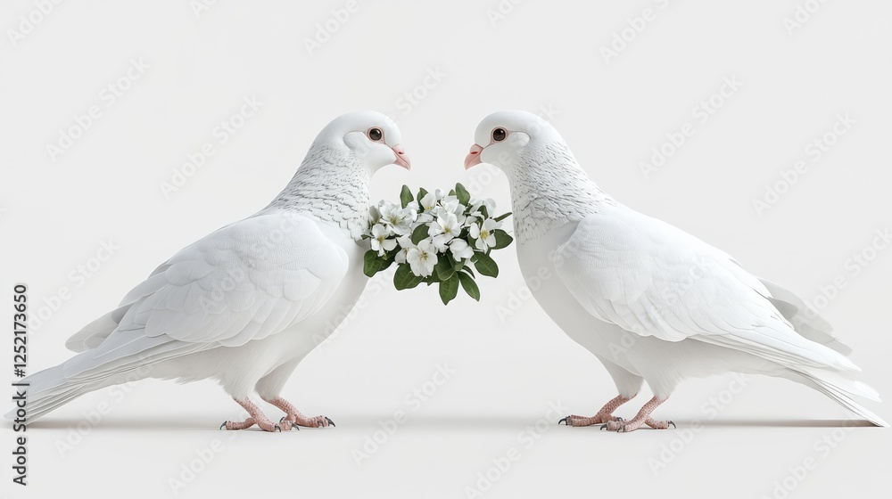 Pair of White Doves Holding Flower in Serene Composition Pair of White Doves Holding Flower in Serene Composition