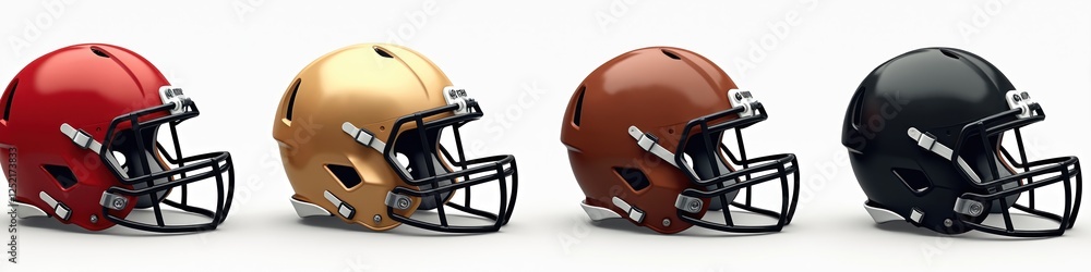 Fototapeta premium American football helmets clipart collection. Visual sport icons isolated on transparent background. Set of team safety gear render in various colors.