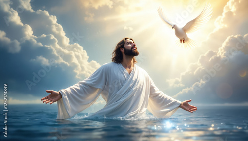 A religious painting depicting Jesus dressed in white in water, upon whom descends a white dove symbolizing the Holy Spirit. Feast of the Baptism of the Lord