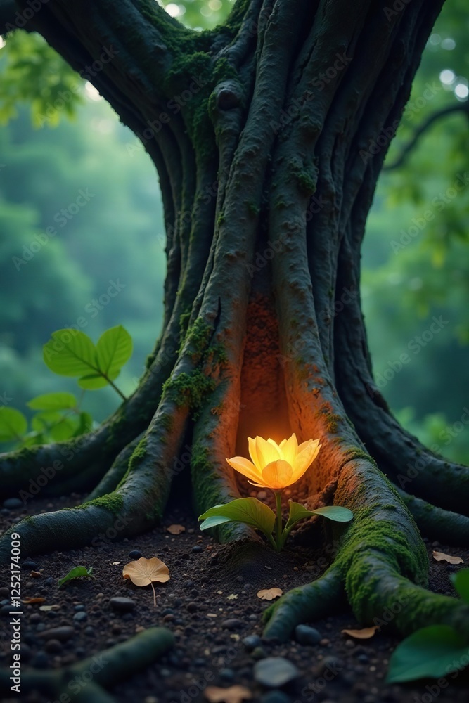 Obraz premium A glowing flower amidst the roots of an ancient tree, gnarled trunk, , ancient tree