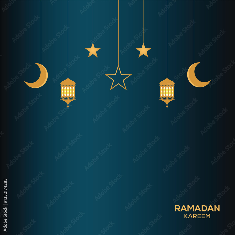 Naklejka premium Ramadan Kareem decorative moon with hanging lamps.