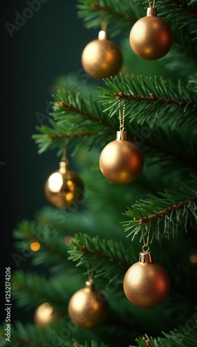 Wallpaper Mural Decorative gold balls hanging from evergreen tree limbs, tree, ornaments, season Torontodigital.ca