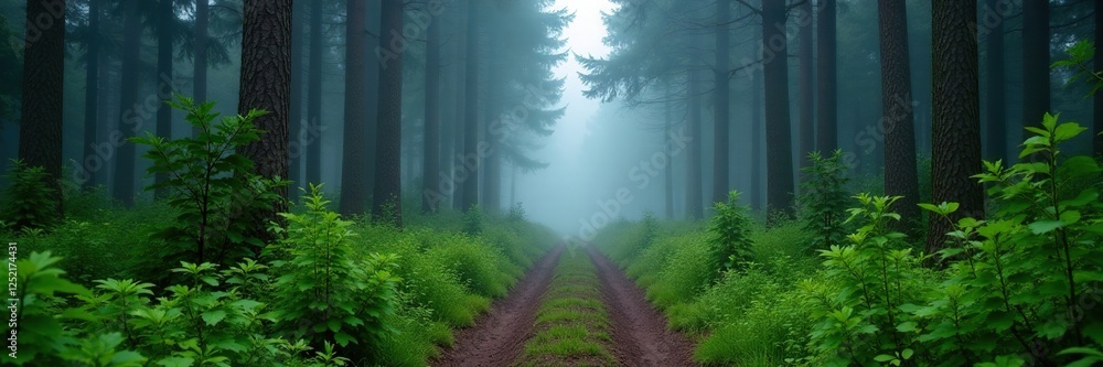 Fototapeta premium Narrow path through foggy woods with tall pines and ferns, pathway, nature