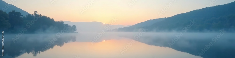 Fototapeta premium Soft blue mist rises from a beige lake at dawn, fog, sunrise
