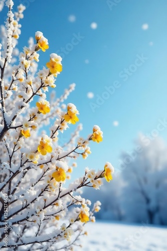 Snowy branches of yellow flowers against a frosty blue sky, bloom, frost, winter landscape