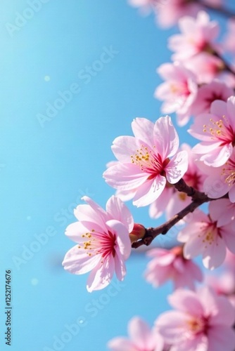 Soft pink cherry blossom branch against a clear blue sky, blossoms, blooming trees