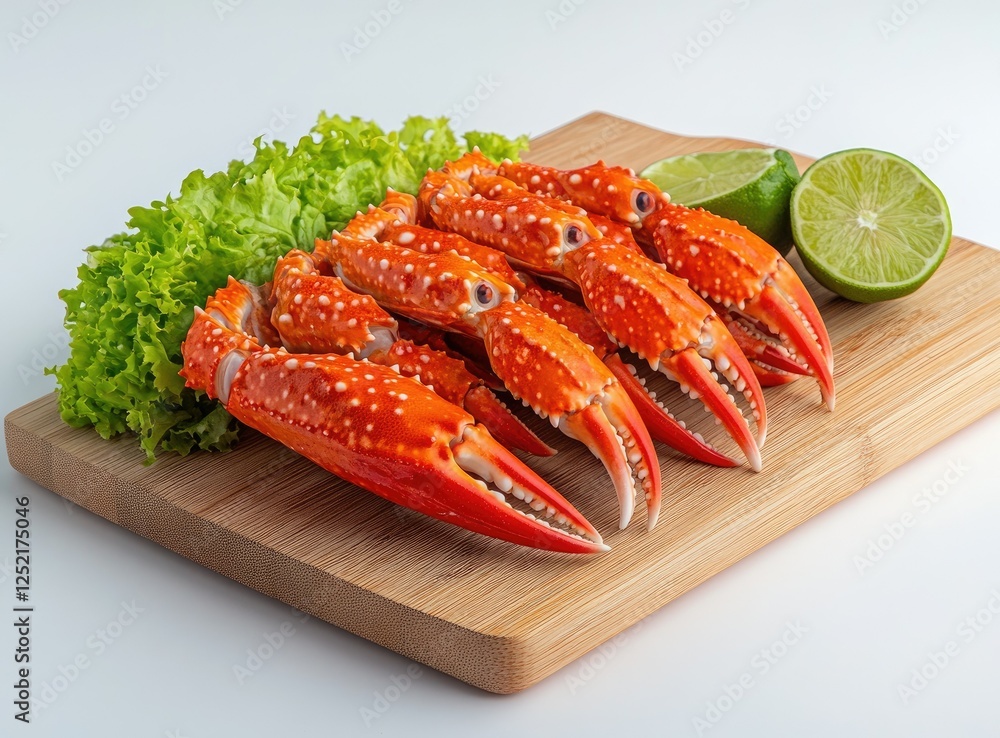 Cooked crab claws on wooden board with lime and lettuce. Food photography for recipe or menu Cooked crab claws on wooden board with lime and lettuce. Food photography for recipe or menu