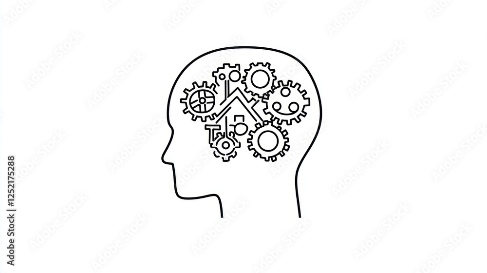 Human head with gears and home, showing mental process, for education or motivation Human head with gears and home, showing mental process, for education or motivation