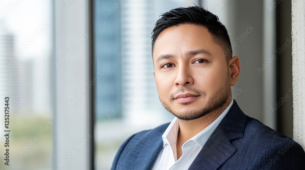 Professional businessman posing confidently near large window with city background Professional businessman posing confidently near large window with city background