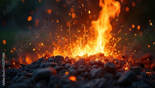 Dramatic close-up fire with flying glowing sparks, bright yellow flames. Hot burning coals on dark background provide warmth, heat, energy concept for design.