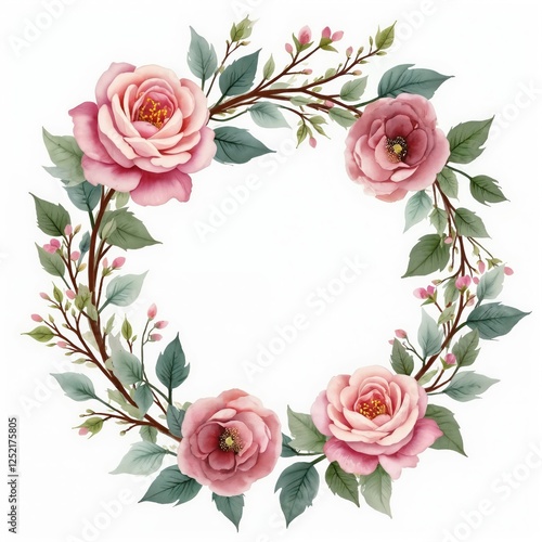 Watercolor pastel flower frame with rose buds and bloom. Wedding circle decorative border with floral botanical spring summer garden elements. Romantic feminine delicate elegant soft pastel colors.