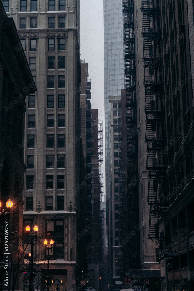 Atmospheric urban alley in Chicago Loop district at dusk, featuring vintage street lamps glowing amber against dark skyscrapers, fire escapes, and architectural details in moody, cinematic composition Atmospheric urban alley in Chicago Loop district at dusk, featuring vintage street lamps glowing amber against dark skyscrapers, fire escapes, and architectural details in moody, cinematic composition