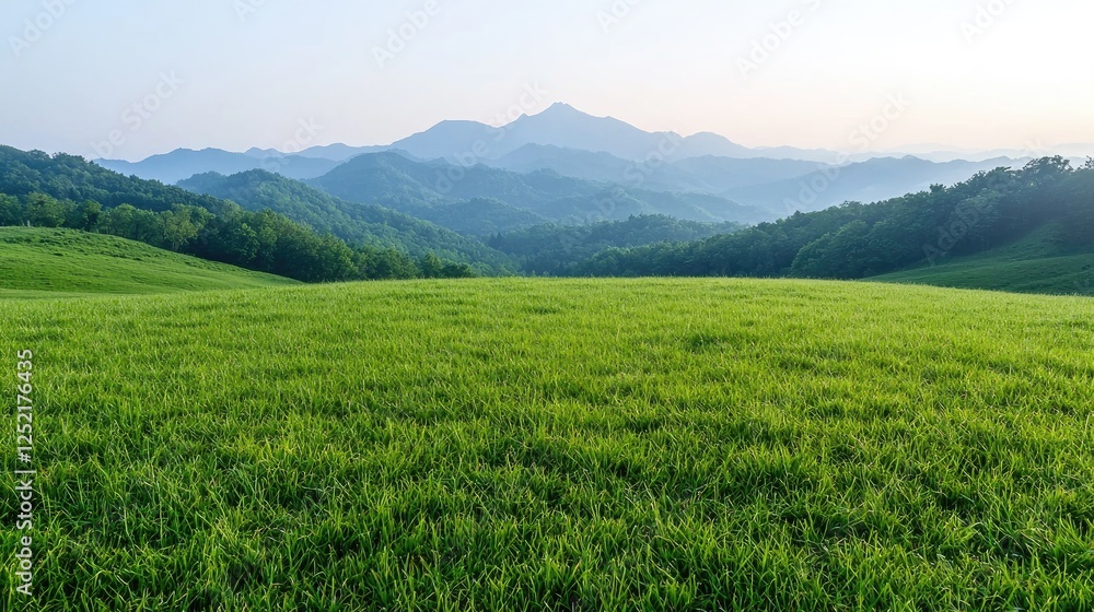 Mountain Meadow Landscape at Dawn; Wide shot of a vast green meadow stretching to a hazy mountain range at sunrise, ideal for nature photography, travel, and adventure Mountain Meadow Landscape at Dawn; Wide shot of a vast green meadow stretching to a hazy mountain range at sunrise, ideal for nature photography, travel, and adventure