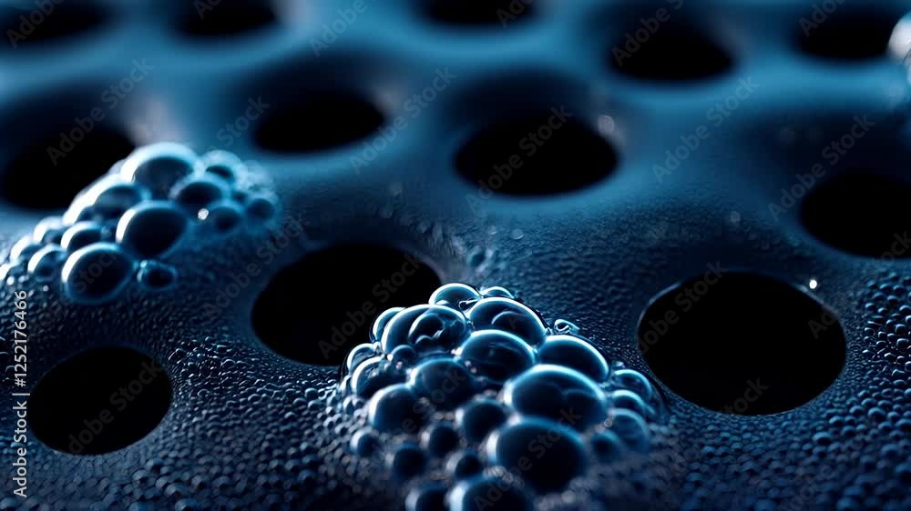 Macro View of Dark Blue Water Drops and Bubbles on a Textured Surface Macro View of Dark Blue Water Drops and Bubbles on a Textured Surface