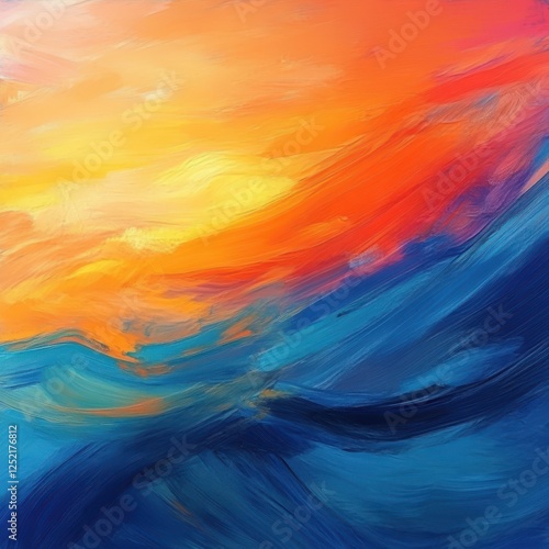 Abstract painting showing an ocean meeting the warm sunset sky photo