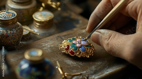 Jeweler's Hand Crafting Enamel Brooch with Care in Workshop