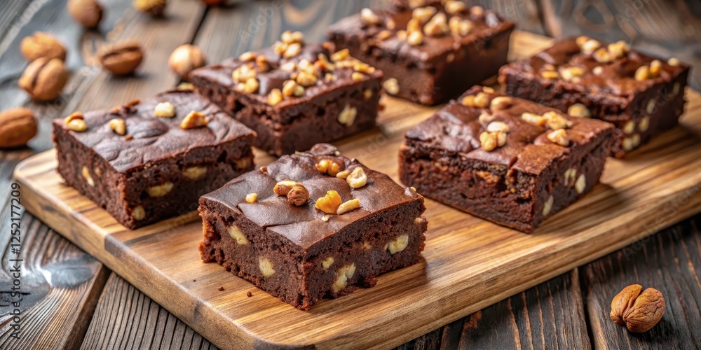 Rich chocolate brownie squares with crumbled walnuts arranged artfully on a wooden cutting board, revealing their decadent textures and colors, brownies, food Rich chocolate brownie squares with crumbled walnuts arranged artfully on a wooden cutting board, revealing their decadent textures and colors, brownies, food