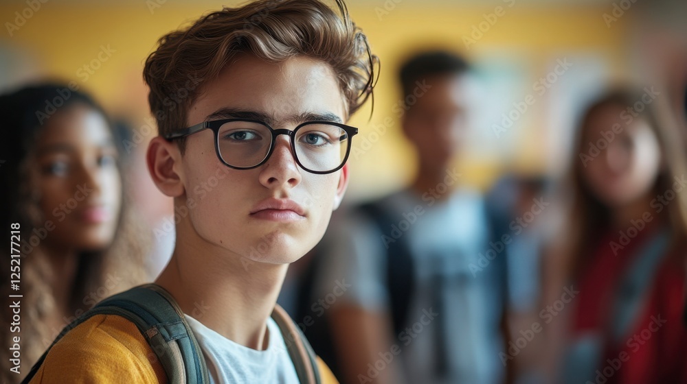 Obraz premium Pensive Teenager Student with Glasses Looking Sideways in School