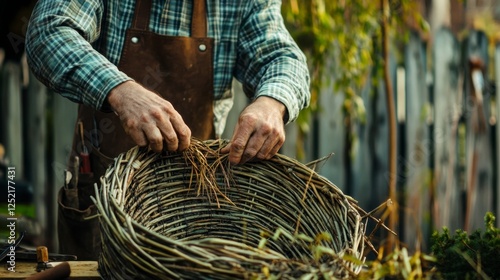 Craftsman Weaving Willow Basket outdoors at Workshop photo