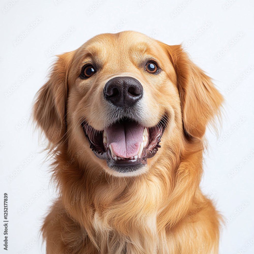 Laughing golden retriever with big goofy grin on white background.
