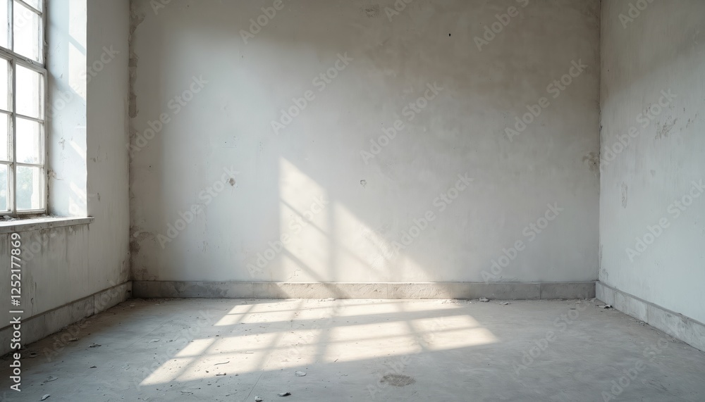 White empty room with light. Concrete floor, stucco wall, window with sunlight shadows. Building interior, indoor domestic space. Rough surface texture, modern blank design for construction industry. White empty room with light. Concrete floor, stucco wall, window with sunlight shadows. Building interior, indoor domestic space. Rough surface texture, modern blank design for construction industry.