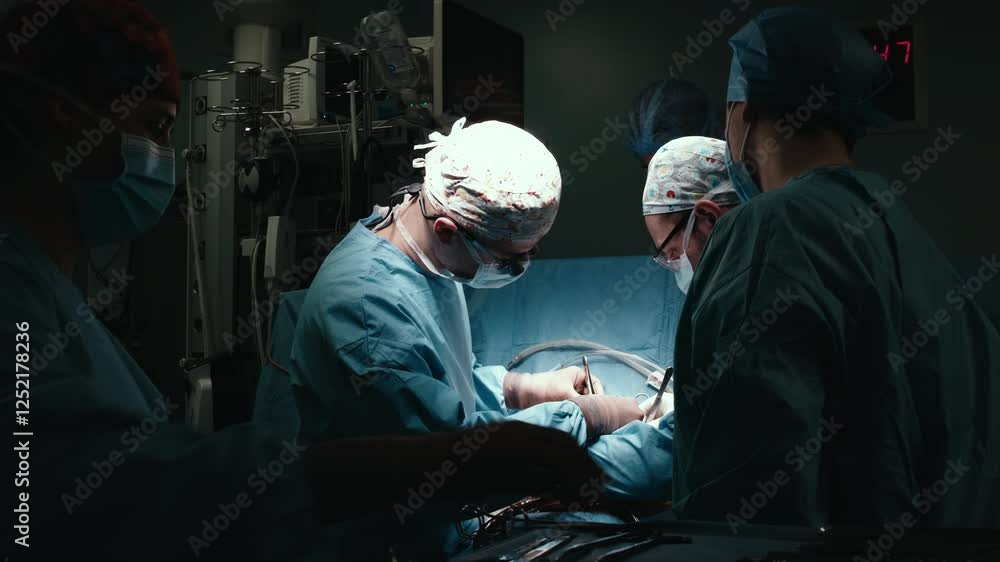 A team of professional surgeons performs surgery in a modern hospital. Concept: skills working using the latest technology in cardiology and transplantation. A team of professional surgeons performs surgery in a modern hospital. Concept: skills working using the latest technology in cardiology and transplantation.