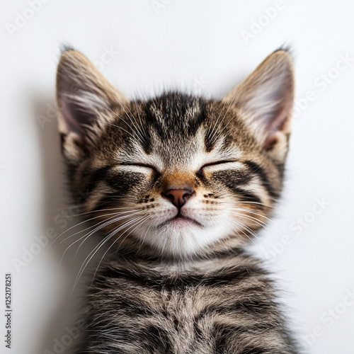 Tabby kitten sleeping with closed eyes on white background.