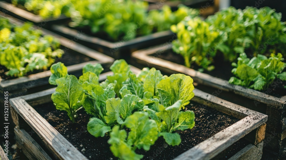 A backyard with multiple raised vegetable garden beds filled with vibrant green plants. A backyard with multiple raised vegetable garden beds filled with vibrant green plants.
