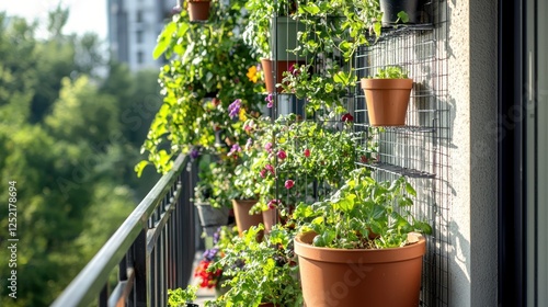 A balcony vertical garden with neatly arranged pots and climbing vegetables on trellises. 