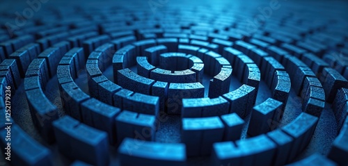 Blue maze close-up with circular pattern, abstract design, futuristic concept. Metallic surface, three-dimensional labyrinth. Complexity, solution finding, modern tech, industry innovation, science