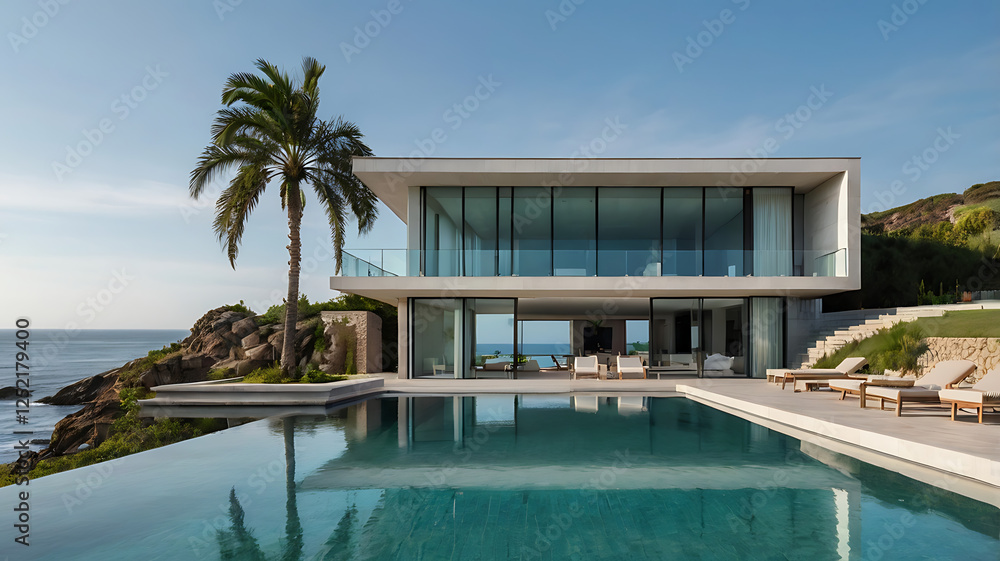 Fototapeta premium A Modern Minimalist Oceanfront Villa with Infinity Pool and Scenic Views