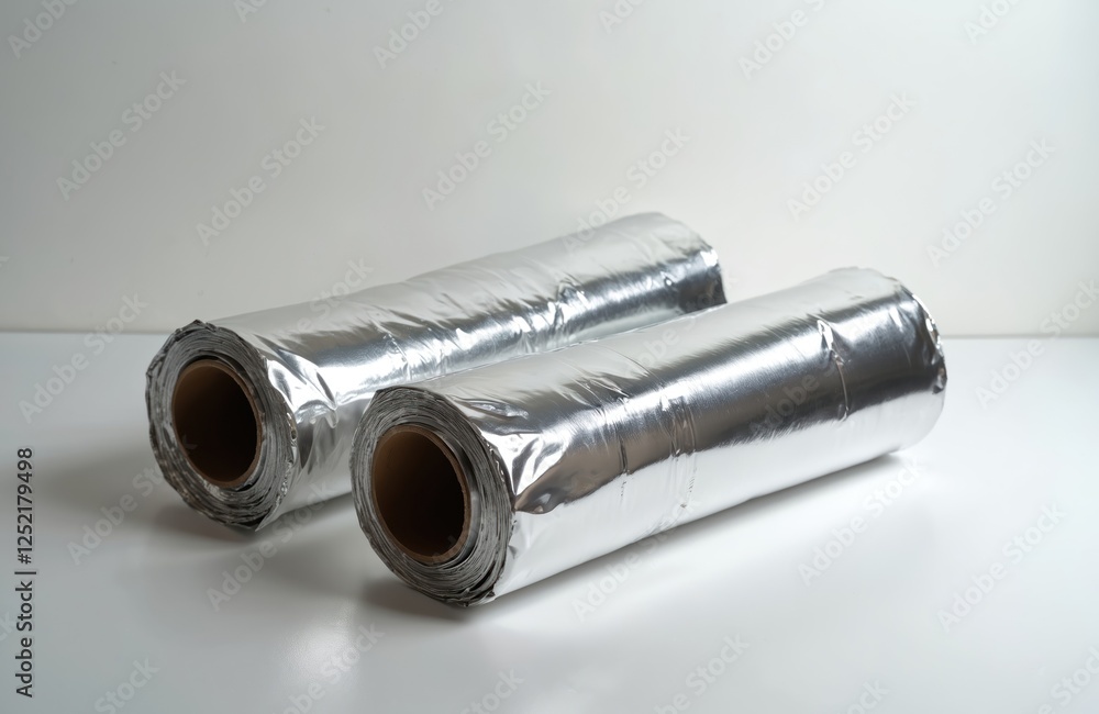 Fototapeta premium Illustration of two rolls of aluminum foil for cooking. Metal shiny wrinkled texture, abstract blank empty freshness concept. Kitchen prep, cooking supplies. Silver metallic material product for