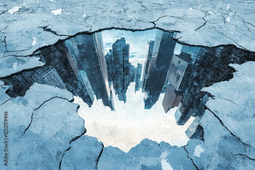 Skyscrapers are seen through a cracked and broken concrete surface