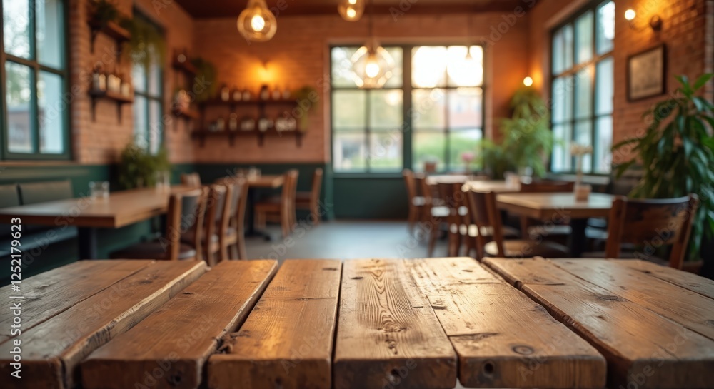 Rustic wooden table top with blurred restaurant interior in soft focus background. Empty wood surface for food advertising, product demo, celebration template. Cosy vintage italian cafe at evening. Rustic wooden table top with blurred restaurant interior in soft focus background. Empty wood surface for food advertising, product demo, celebration template. Cosy vintage italian cafe at evening.