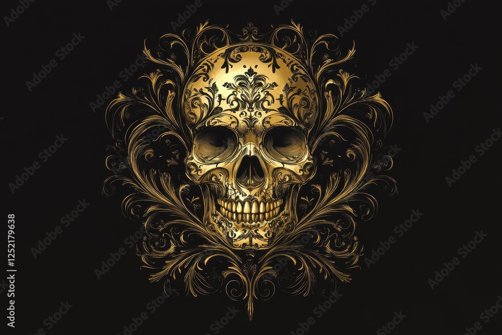 Ornate golden skull surrounded by swirling filigree on black Ornate golden skull surrounded by swirling filigree on black