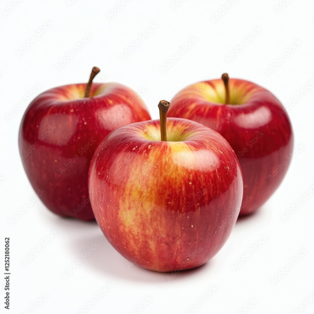 Three fresh red apples on white background. Juicy, ripe fruits with smooth skin. Healthy, organic food for diet, rich in vitamins. Sweet, delicious, natural dessert for fall, autumn season. Three fresh red apples on white background. Juicy, ripe fruits with smooth skin. Healthy, organic food for diet, rich in vitamins. Sweet, delicious, natural dessert for fall, autumn season.