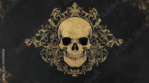 Wallpaper Mural Golden skull surrounded by golden floral ornamentation on black background Torontodigital.ca