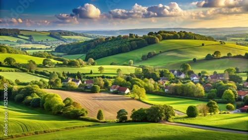 Rolling hills and lush green fields of Kent countryside with a quaint village in the distance, countryside, rolling hills